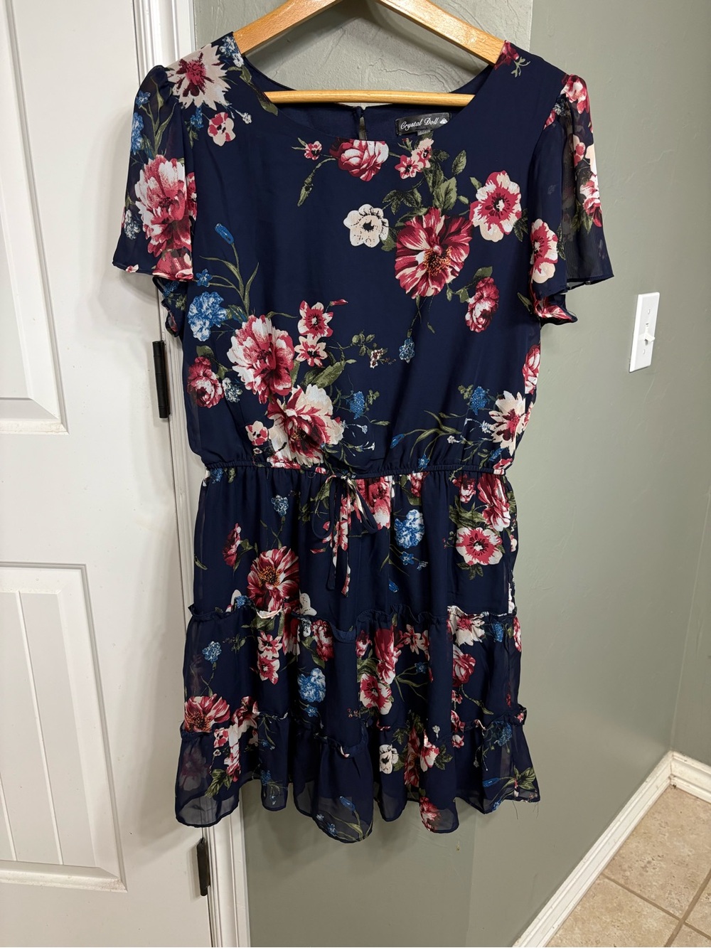 Crystal Doll Navy Floral Tiered Dress with Pink & Blue Blooms